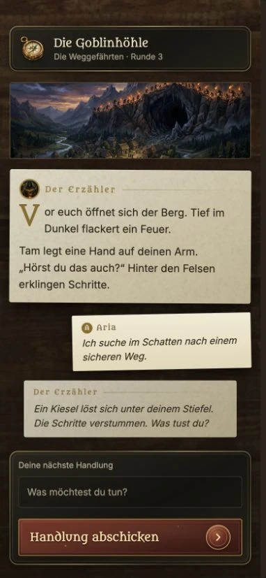 Spielszene in der Goblinhöhle mit Erzählung und eigener Handlung auf Pergament