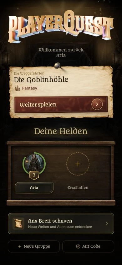 Die Stube auf dem Smartphone mit Abenteuerbrief, Heldenregal und Abenteuerbrett
